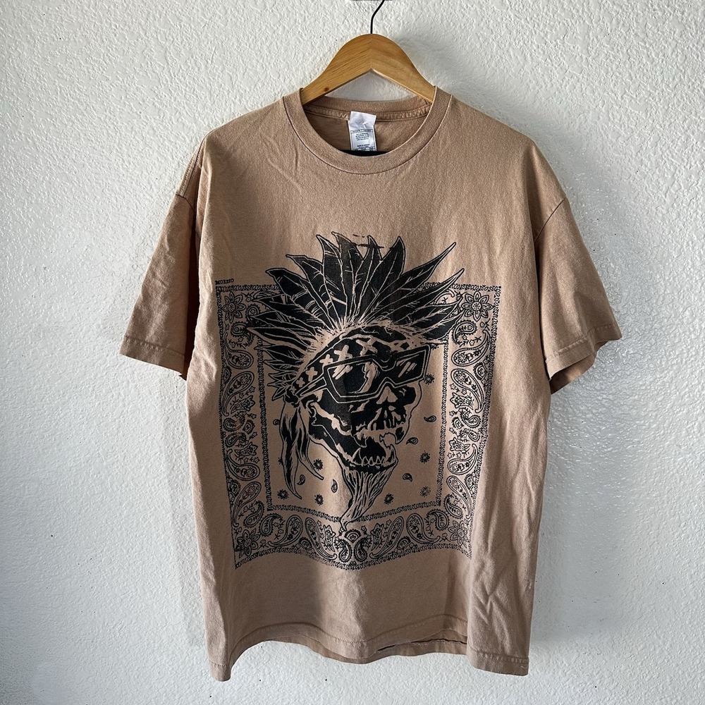 Alstyle Y2K Skull Bandana Graphic Brown T-Shirt Mens XL Vintage Streetwear
